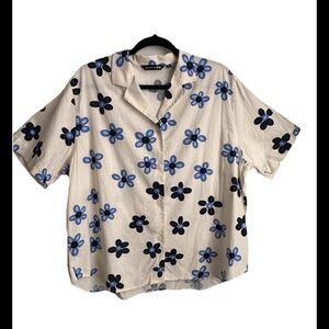 MARIMEKKO Women’s Blue Flowered Linen Oversized Short Sleeve Button Blouse Sz XL